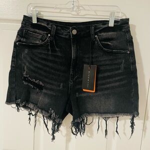 Risen Raw-Hem Black Distressed Denim Shorts